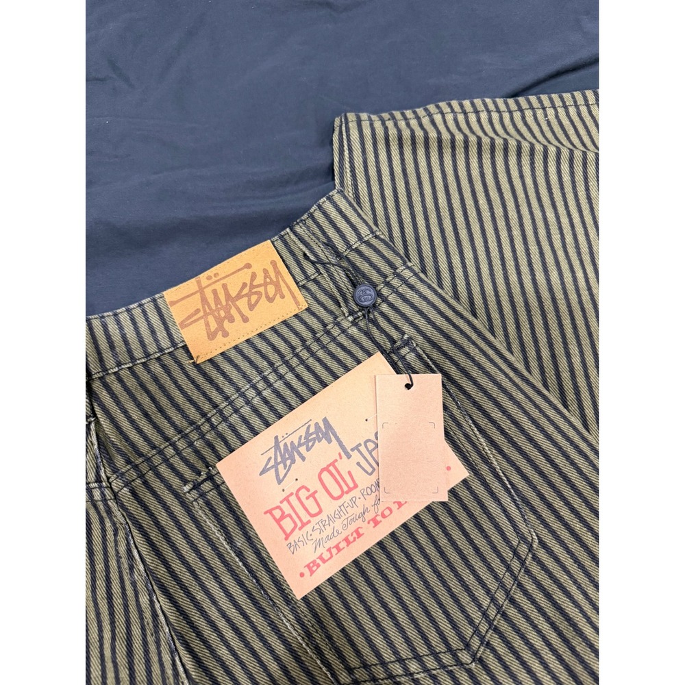 Stussy Big Ol Jeans Olive Black Striped Denim Straight Leg Pants Mens 30x30 NWT - Picture 2 of 7